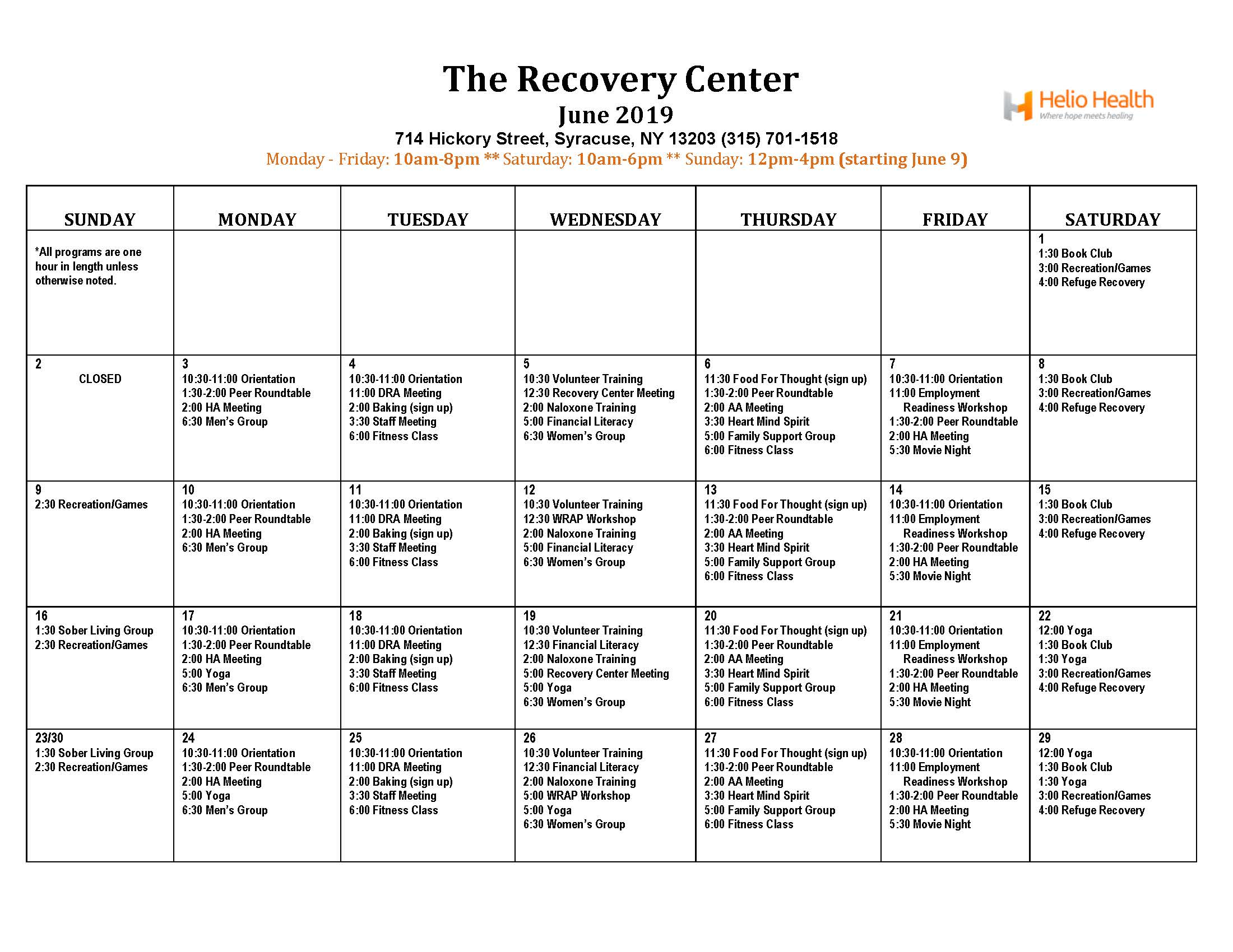 recovery center calendar