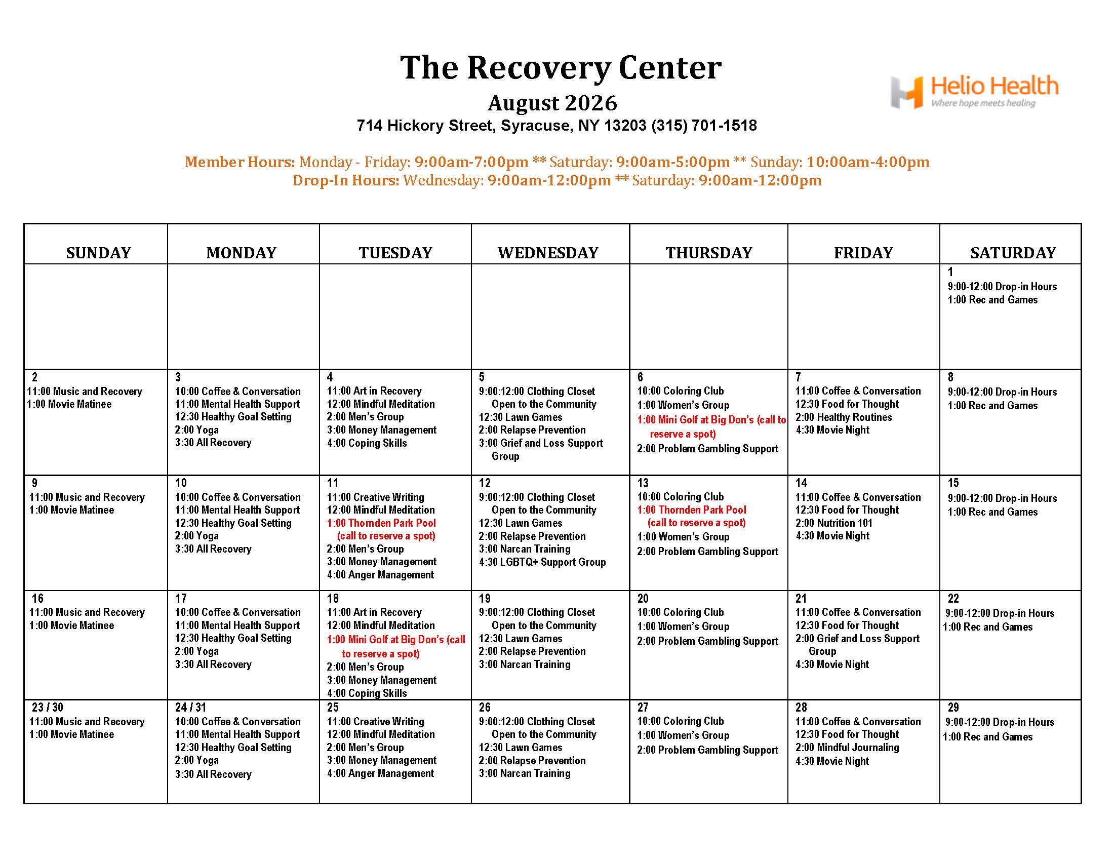 Recovery Center August 2026 Events